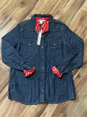 NWT Jones New York Sullivan Women Denim Shirt Snap Button Red Star Cuff M